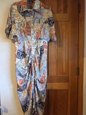 Paisley Patchwork Midi Dress in Cream and Blue
